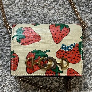Gucci Cream and Strawberry Mini Wallet on Chain or Card Holder.